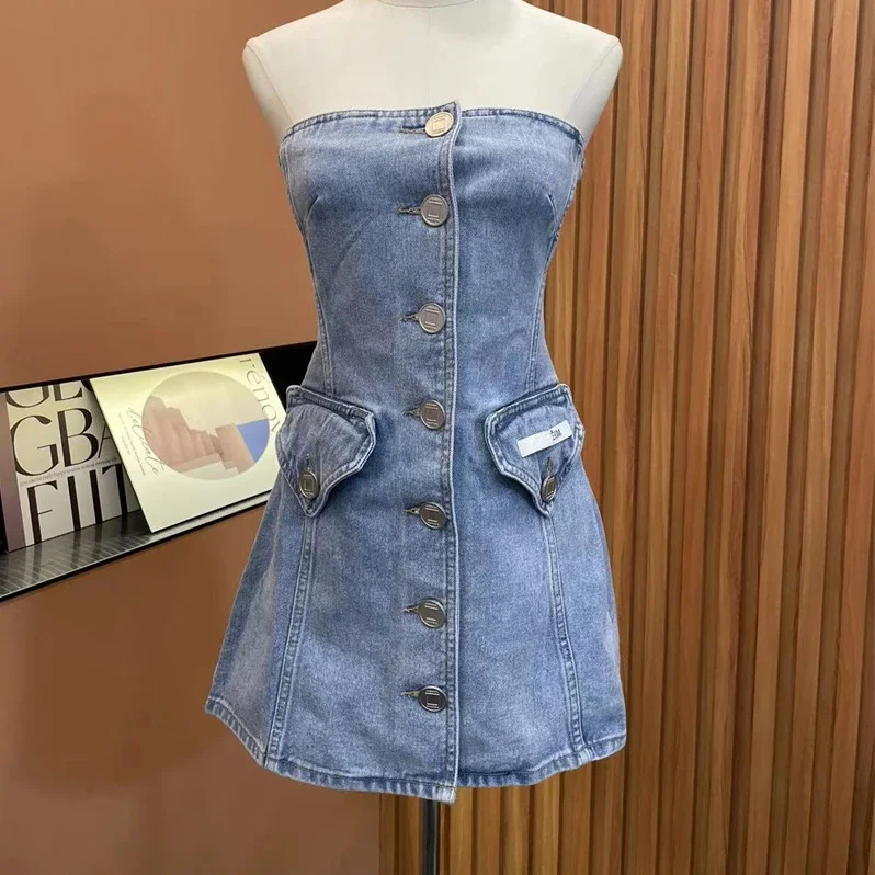 

Retro Spice Girl sexy off-the-shoulder strapless dress sub-breasted design tucked waist A-line denim skirt