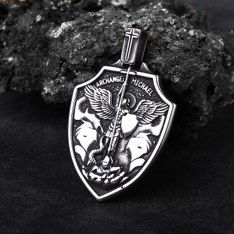 Archangel Saint Michael Pendant Necklace Warrior Knight Holy Religious Amulet Totem Men Domineering Stainless Steel Necklace