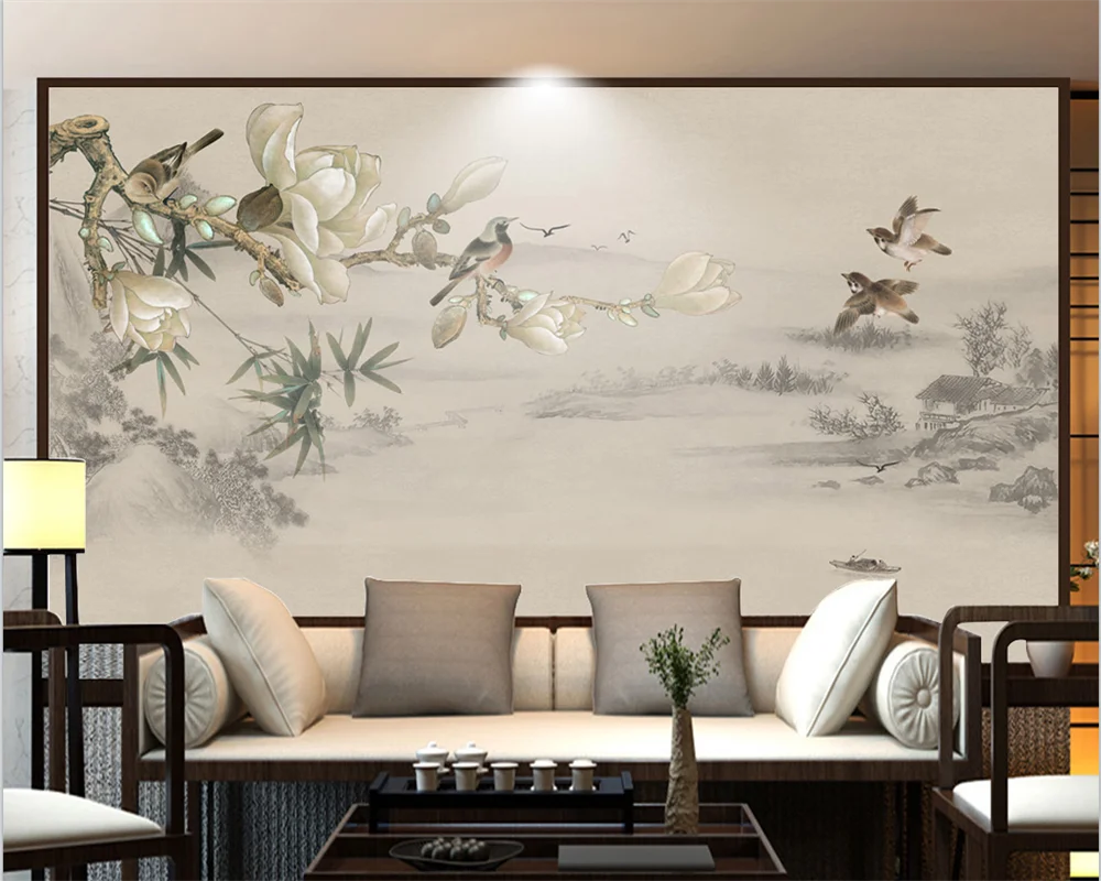 

beibehang Customized modern new Chinese style hand-painted flowers birds background decorative painting wallpaper papier peint