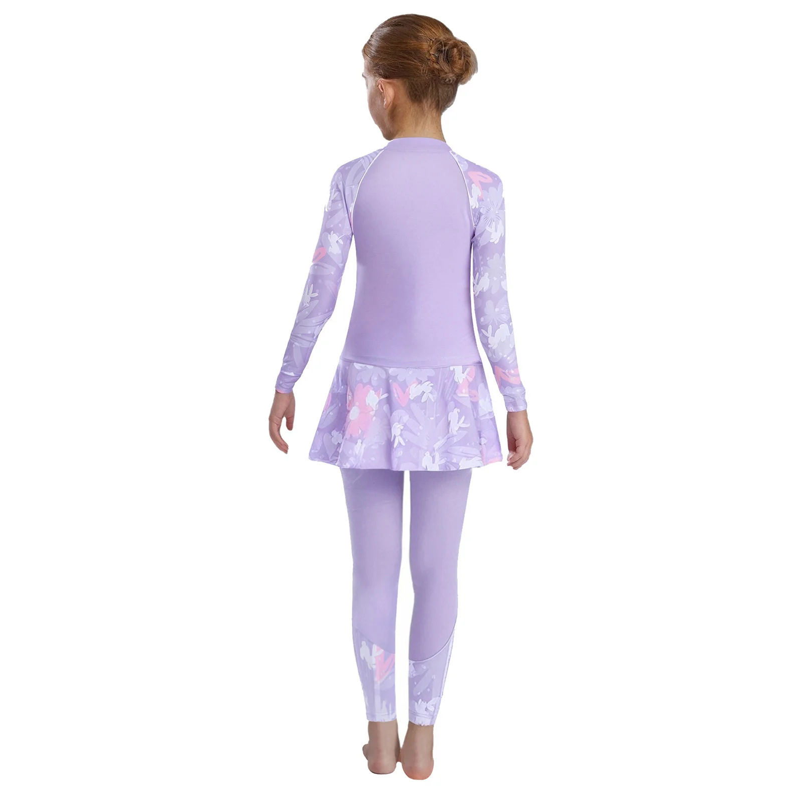 Kids Girls Rash Guard Swimsuit Long Sleeve Floral Print Swim Dress with Drawstring Pantskirt Bathing Suit Beach Surfing Swimwear