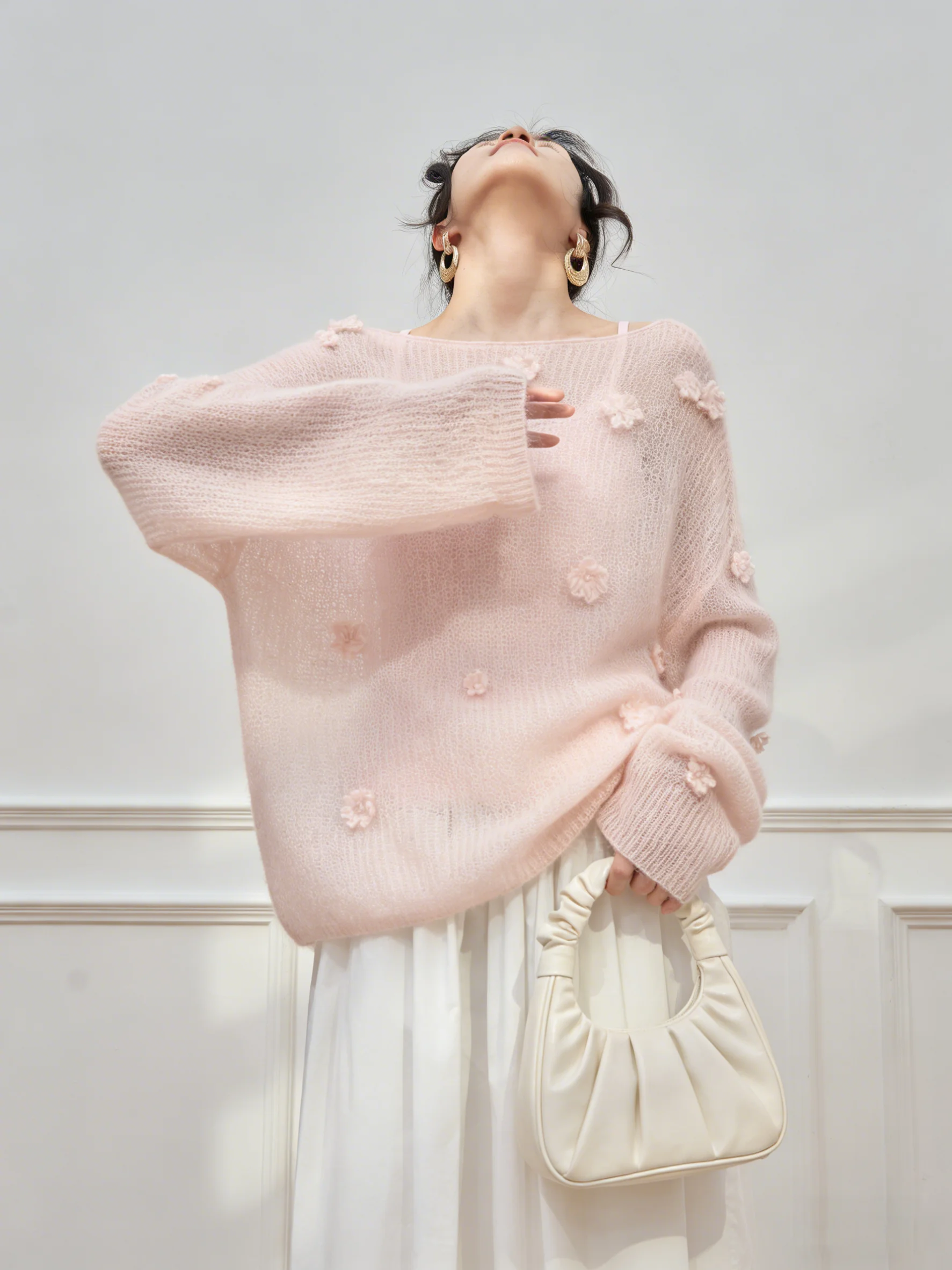 

Pink Knitted f Skirt Set with 3D Flower Eming for Women Spring New Sle Unique Design Casual Wear High Waist Loose Fit