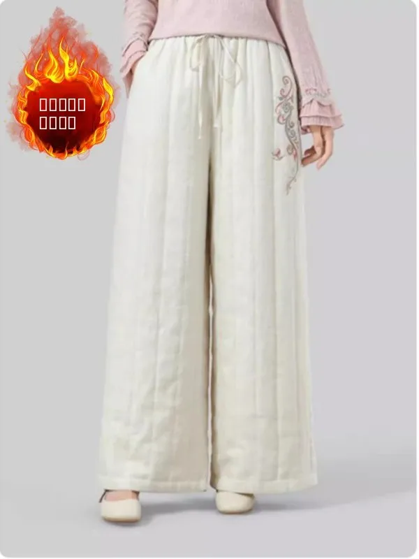 

New 2025 Winter Chinese Sle Loose Leg Cotton Pants with Side Stitched Linen Casual Straight Tube Long Trousers for Women