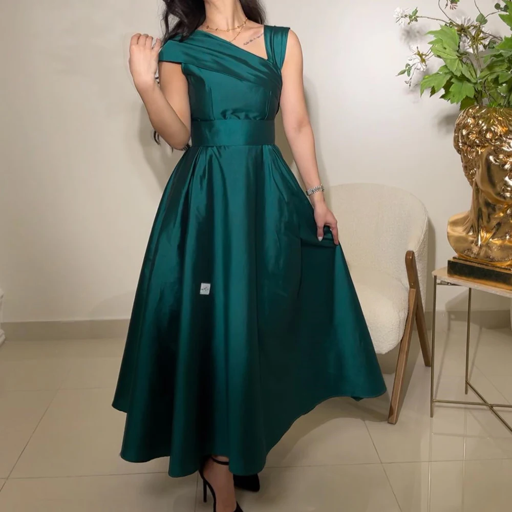 

Ankle Length Satin Straight Pleats Sleeveless Boat Neck Solid Color Saudi Arabia Evening Gowns Dresses For Formal Occasions 2024