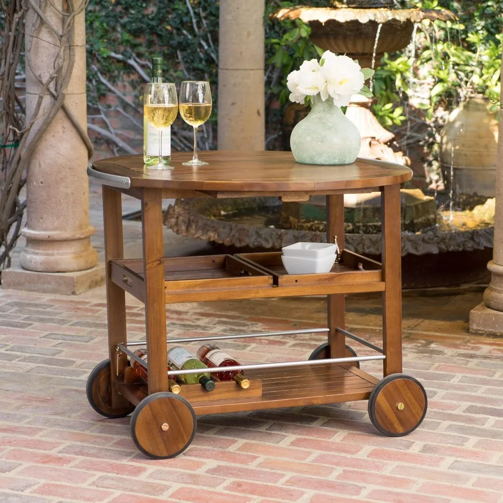 Tillary Tiller Outdoor Acacia Wood Bar Cart Aluminum Accents, Dark Oak/Shiny Powder  outdoor patio furniture