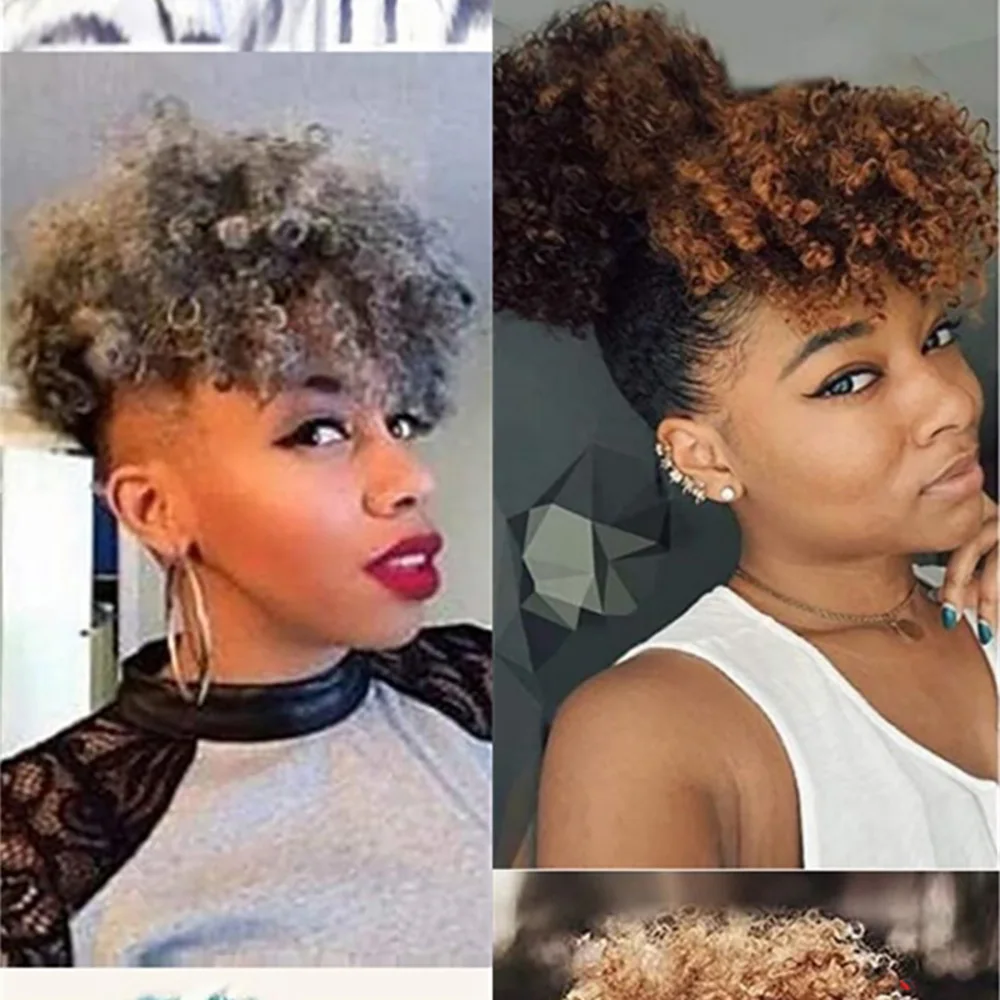 วิกผมทรงแอฟริกันแบบพันหัวพร้อมหน้าม้า ติดกิ๊บแบบ Afro Puff ผมสั้นหยิกฟูแบบสังเคราะห์ ต่อผมหางม้า
