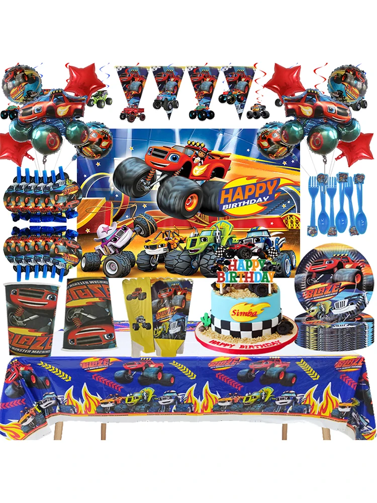 Décorations de fête d'anniversaire Blaze Monster pour enfants, assiette, tasse, bannière, ballons, machines, course, britannique, fête préChristophe, fournitures