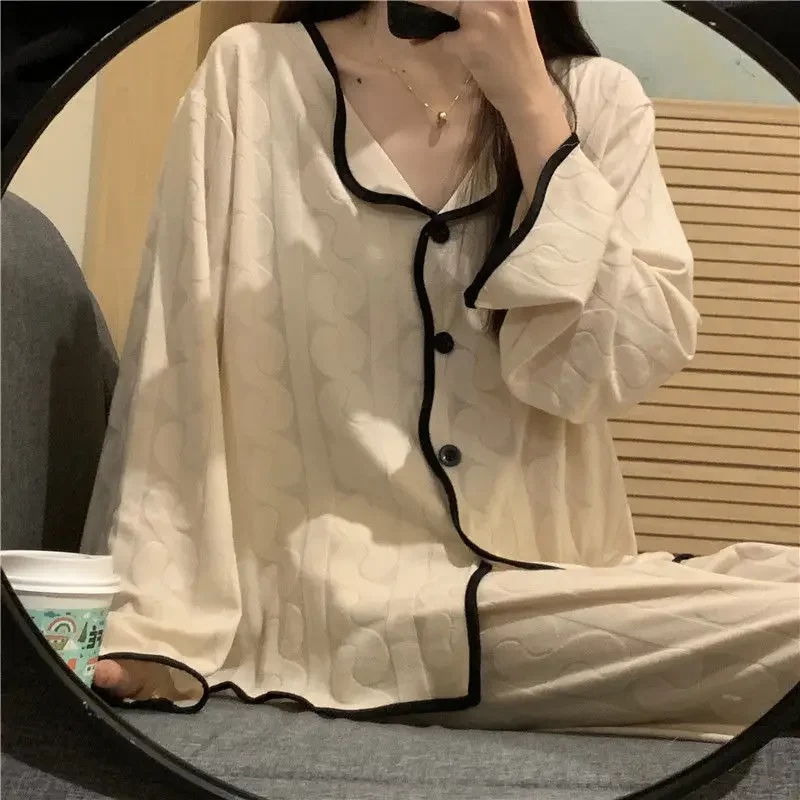 New Korean Fashion Women Pajamas Suit Spring and Fall Long-sleeved Thin Section Cute Students Elegant Sleepwear Homewear Summer