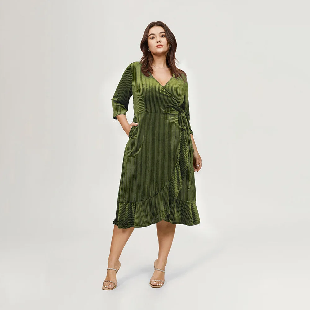 Elegant Temperament Plus Size Women Dresses Fashion Ruffled Straps Waist V-neck Dresses Casual Solid Color Commute Lady Dresses