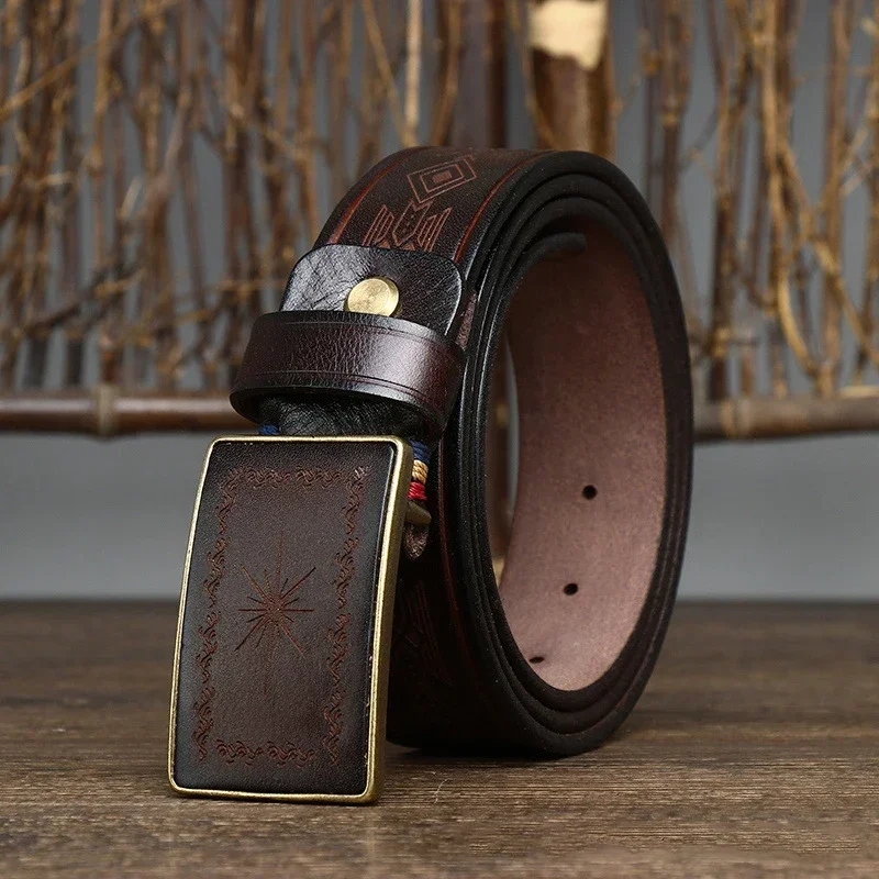 

3.8CM Men High Quality Genuine Leather Belt Laser Engraving Brass Smooth Buckle Belts Pure Cowskin Strap Male Jeans for Man