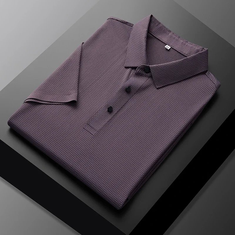 Men's Short sleeved Ice Cream Silk Polo Shirt Thin Breathable Anti Wrinkle Solid Color T-shirt