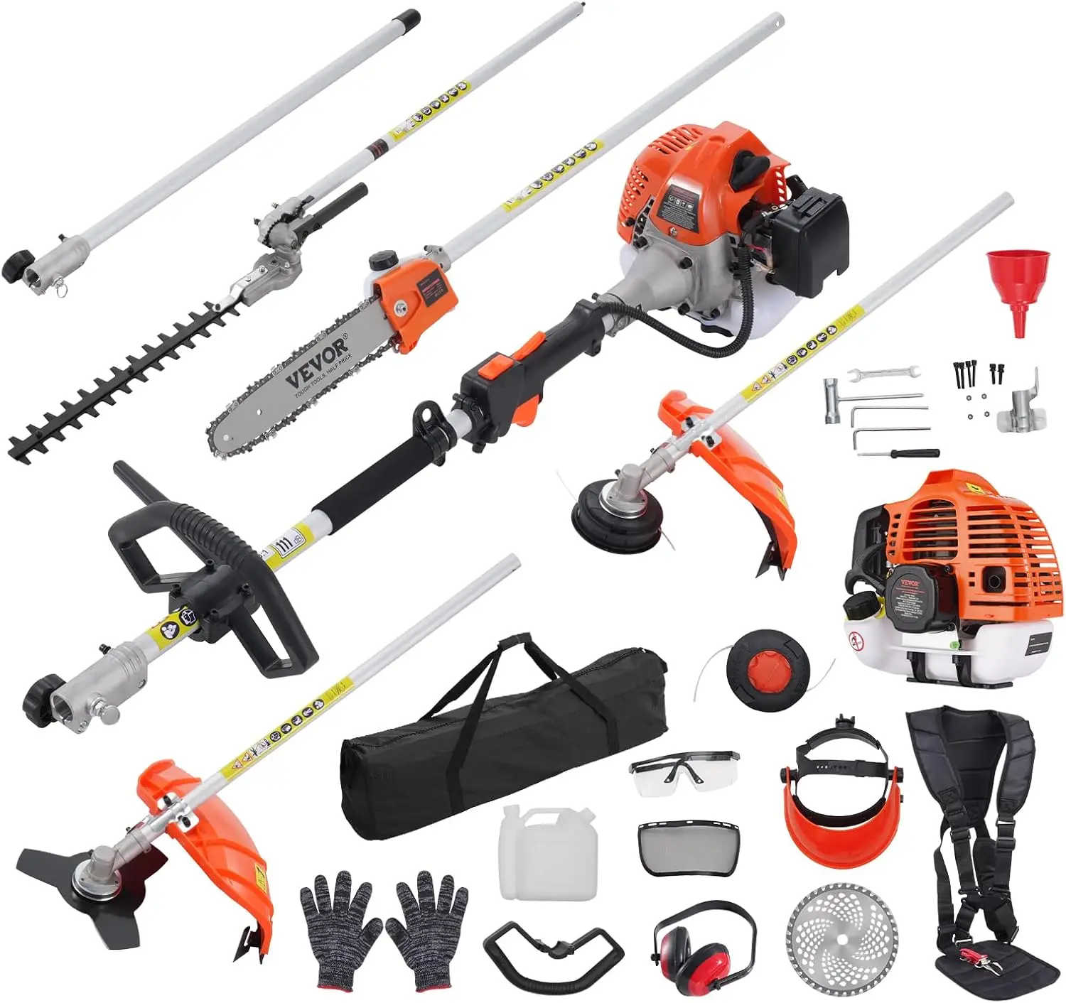 XMSJ 5-in-1 26cc 2 Cycle Gas Powered Dual Sided Hedge Trimmer, Weed Eater, String Trimmer, Edger, Pole Saw Chainsaw Pruner With