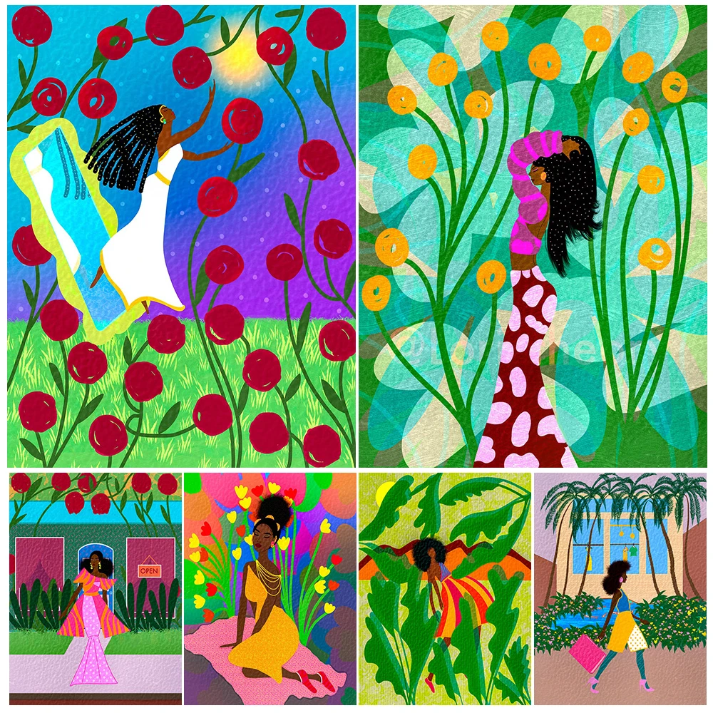 

Colorful Girl Flower Plant Scenery Cartoon Poster Wall Art Canvas Painting Home Decor Wall Pictures For Living Room Unframed