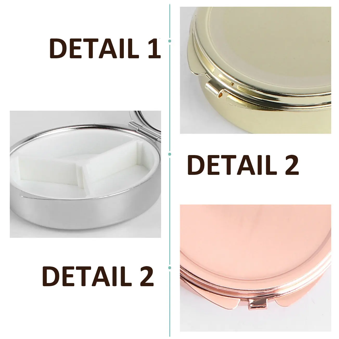 3Pcs Medicine Box with Mirror Round Metal Organizer Portable Storage Container for Pills Capsules Travel Compact Case