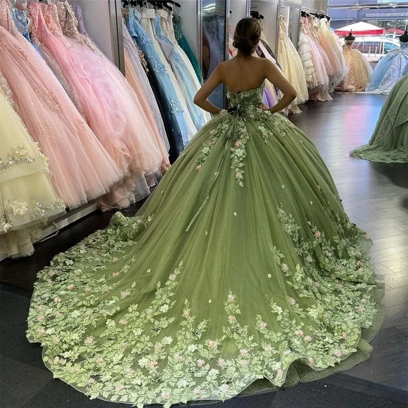 Boden langes grünes Ballkleid Quince anera Kleider Schatz 3d Blumen Brithday Tanz party Vestidos de Quinceañera