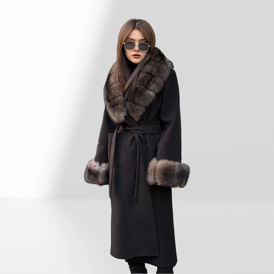 ใหม่ CASHMERE Coat ผู้หญิงผ้าขนสัตว์ผสมยาวขนสุนัขจิ้งจอกจริง Trim ขนสัตว์ธรรมชาติแจ็คเก็ตเสื้อผ้าหรูหราเสื้อขนสัตว์แคชเมียร์