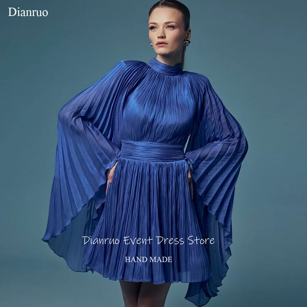 Dianruo فستان شيفون أزرق ملكي بأكمام طويلة للحفلات الراقصة فساتين سهرة صغيرة على شكل حرف A مطوي برقبة عالية فساتين المشاهير حسب الطلب