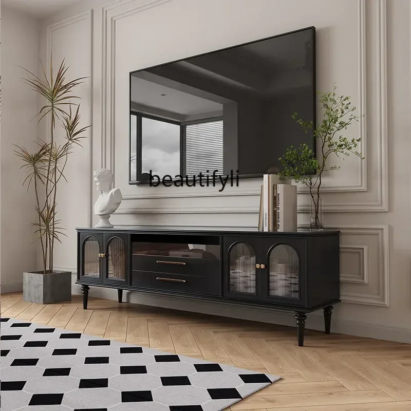 

Retro TV Cabinet Solid Wood Arch Solid Wood Living Room Changhong Glass Audiovisual Cabinet Black
