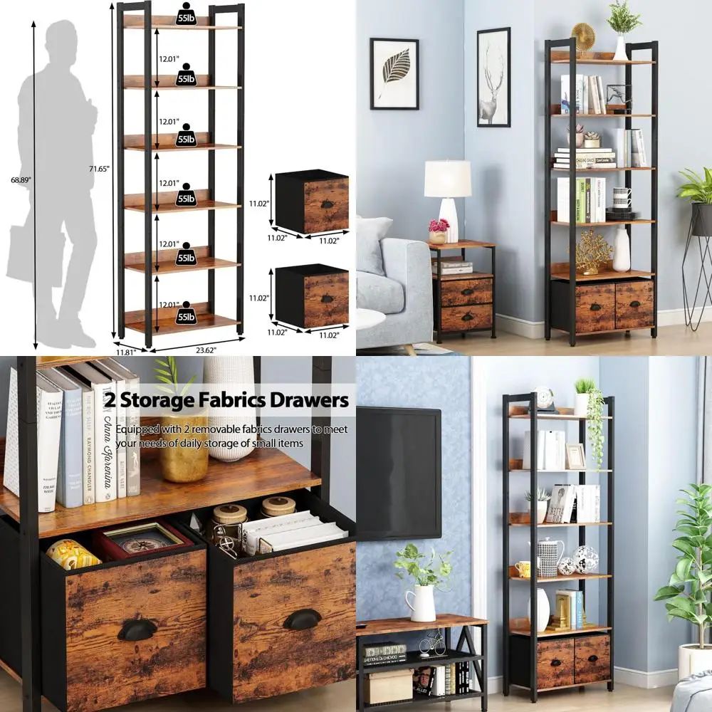 

71-ярусный книжный шкаф в деревенском стиле с выдвижными ящиками, деревянный и металлический стеллаж для хранения в индустриальном стиле для домашнего офиса, спальни, коричневый в деревенском стиле
