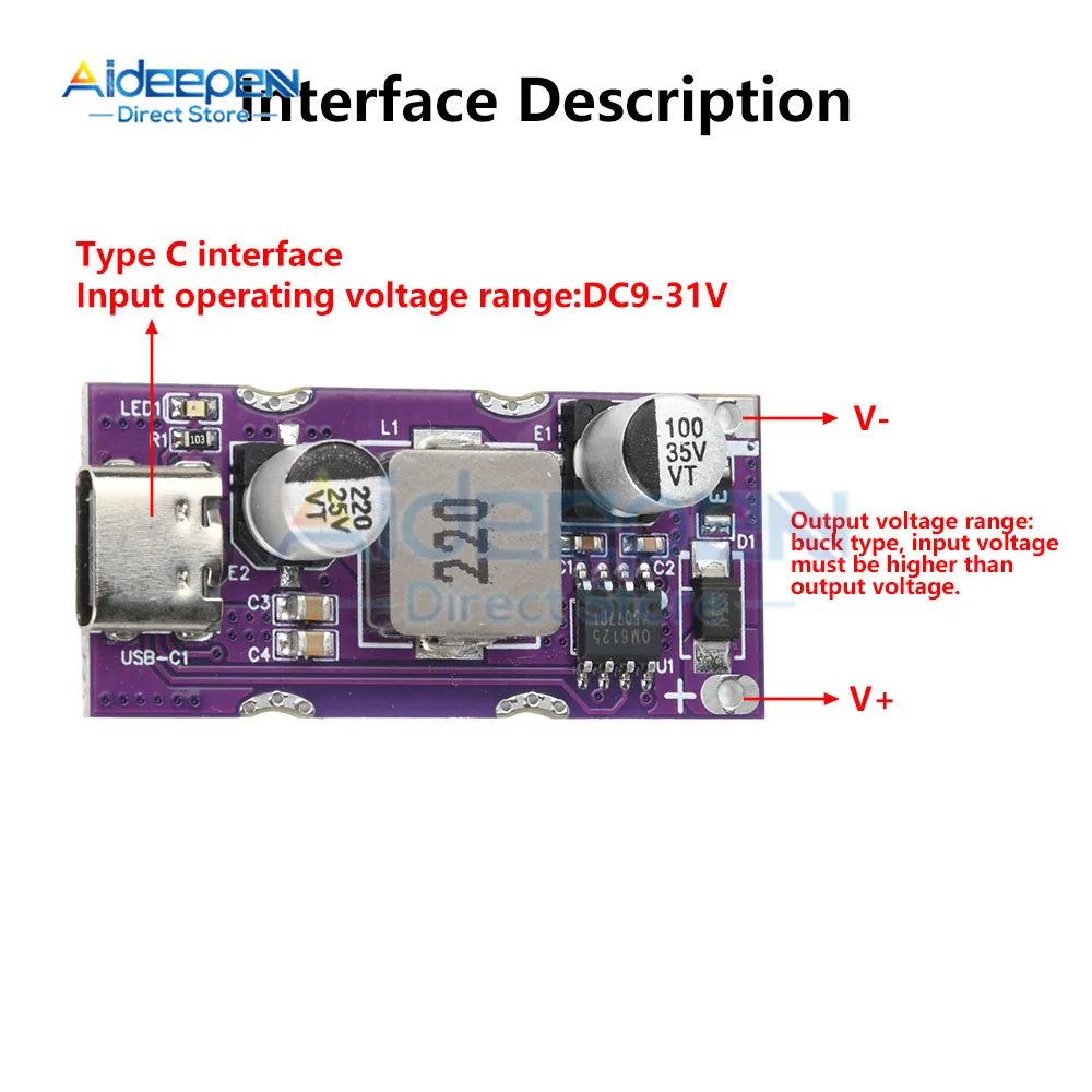 Módulo de carregamento rápido PD63W Tipo-C Interface USB suporta PD3.1 QC2.0/3.0/3.0 FCP/SCP/HVSCP AFC Carregador rápido DC 9-31V