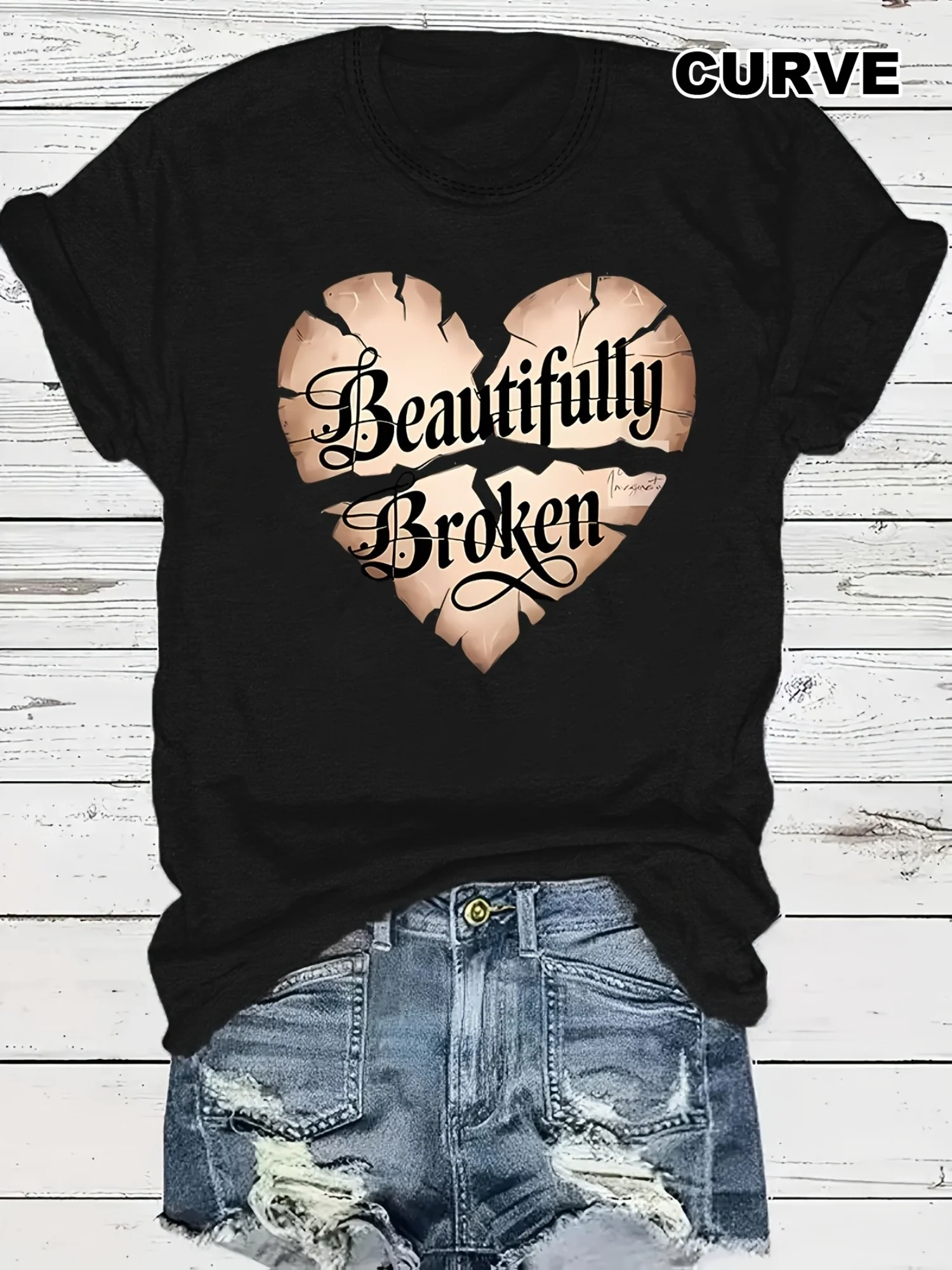

Plus Size, Women's Plus Size Oversized Crew Neck T-Shirt - Beautifully Broken Heart & EKG Line Graphic Print