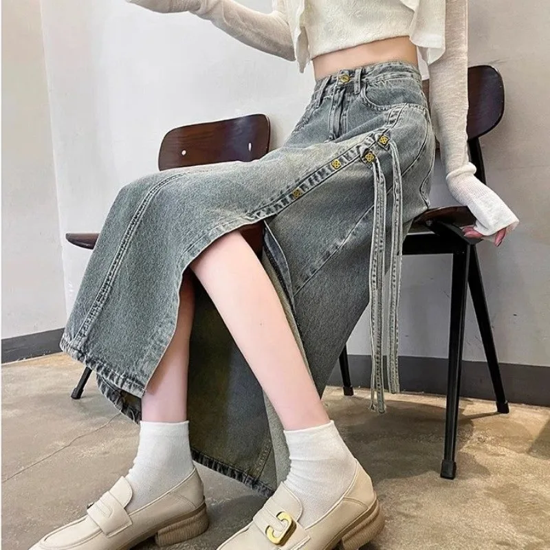 

Split-ended Denim Skirts Women's Summer Thin High-waisted Retro A-line Medium Long Package Hip Skirt New Fashion Jean Dresses