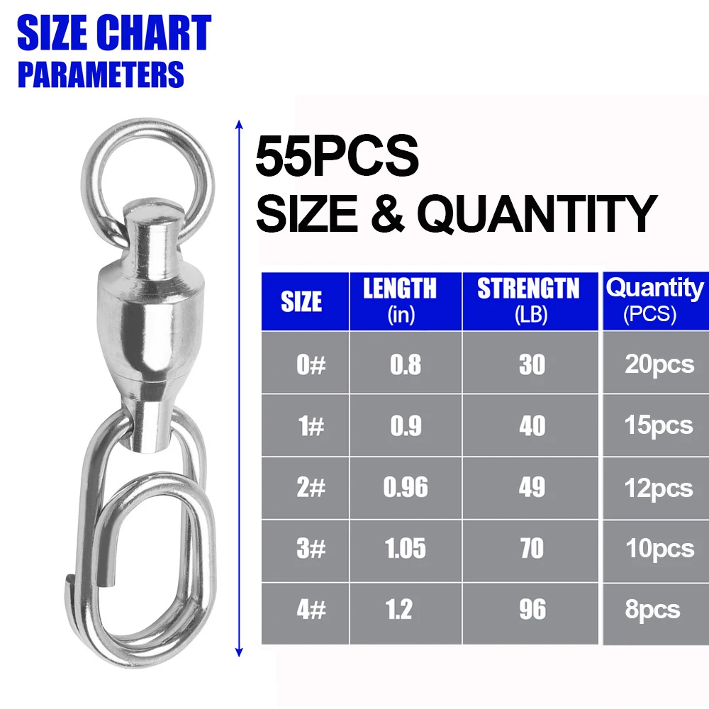 55Pcs Fishing Swivels Snaps Ball Bearing Swivel Stainless Split Ring Fishing Snap Rolling Swivel lure Fishing Connector Tackle