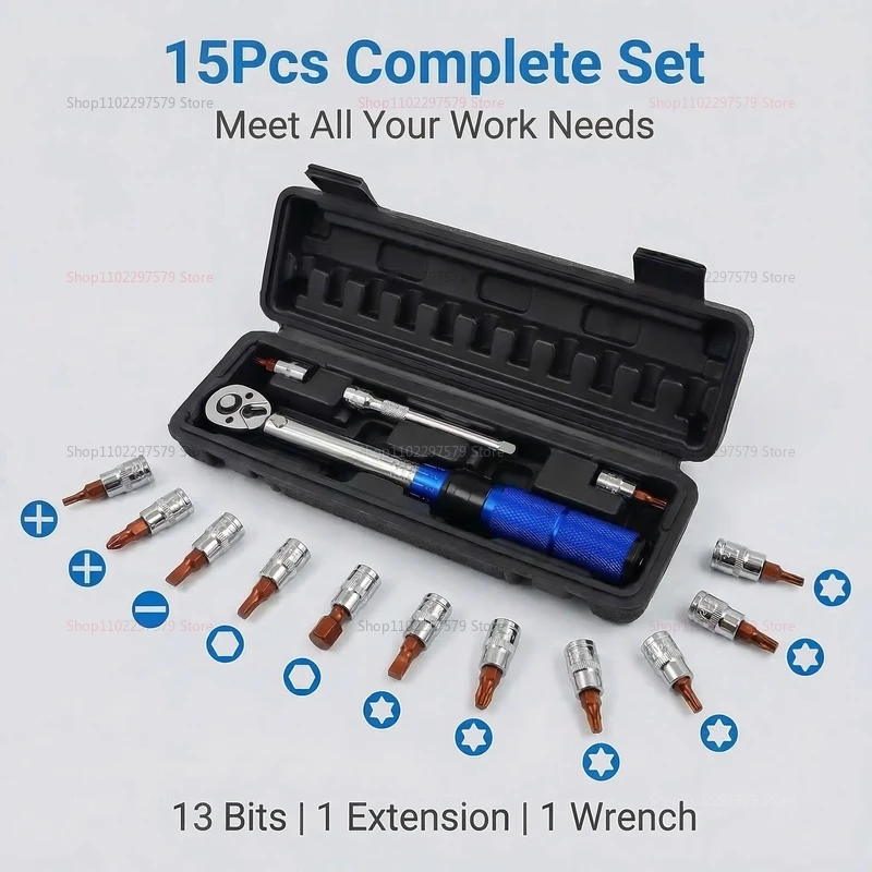 

15pcs Bicycle Torque Wrench Set 1/4 Inch Adjustable 2-24Nm Hex Wrench Kit for Bike Maintenance Repair and Assembly Suitable