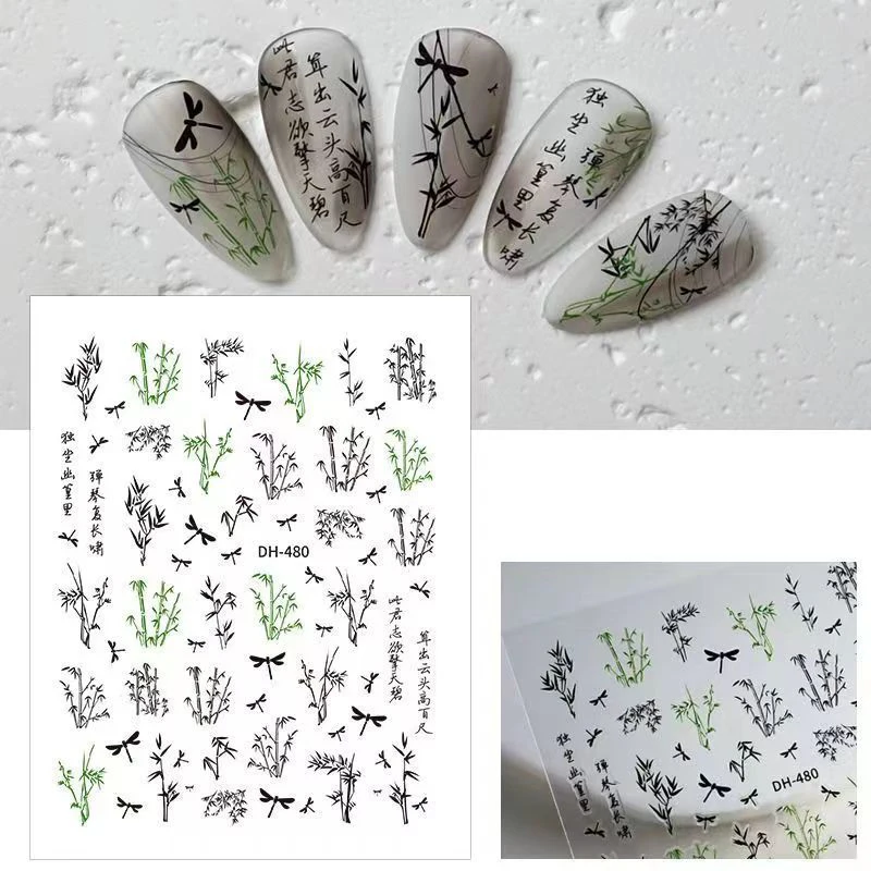 Bamboo Nail Art Stickers Sliders Crane Flowers Chinese Trandition Style Nail Art Decals Tattoo DIY Manicure Decorations Salon