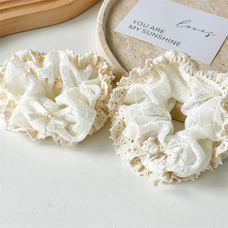 Women French Lace Pearl Rose Flower Elastics Hair Band Cream White Scrunchies Hair Ties Lady Ponytail Holder Hair Accessories