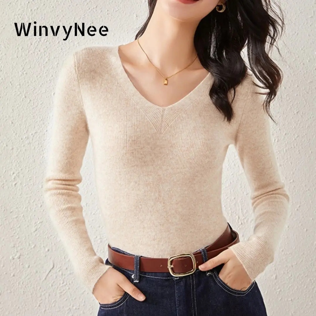 

WinvyNee Women's Clothing Cashmere Merino Wool Sweaters Long Sleeve V Neck Wool Slim Soft Warm Pullovers Tops Autumn A1044007