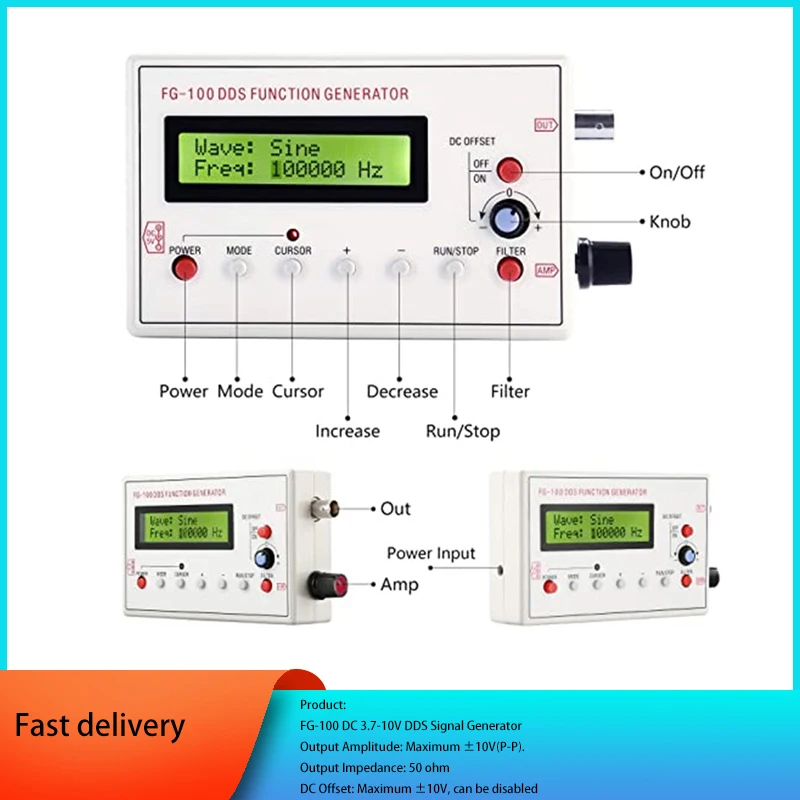 FG-100 DC 3.7-10V DDS Signal Generator LCD Display 1Hz-500KHz Functional Sine Triangle Square Frequency Sawtooth Wave Waveform