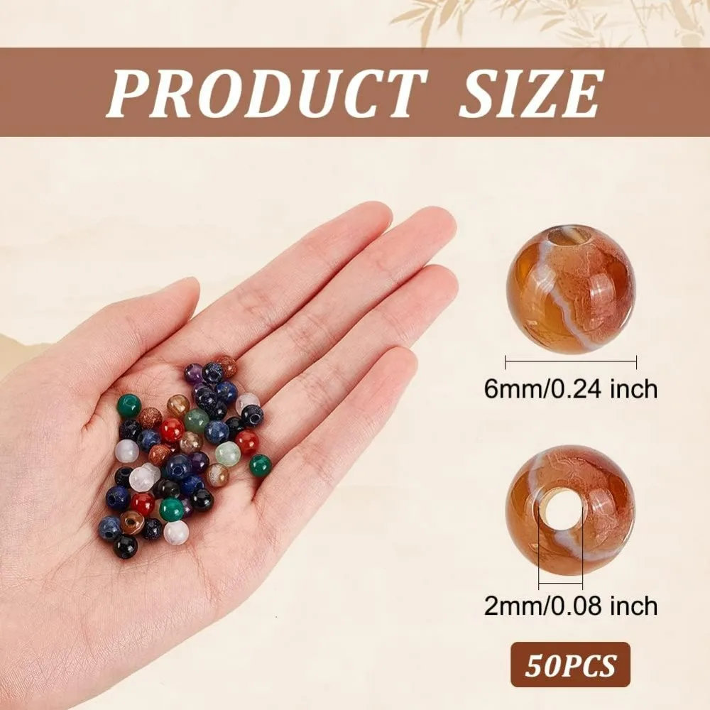 50 Pcs 6mm Natural Stone Beads Random Round Loose Gemstones 2mm Hole Beads Assorted Large Hole Stones for DIY Necklace Charm