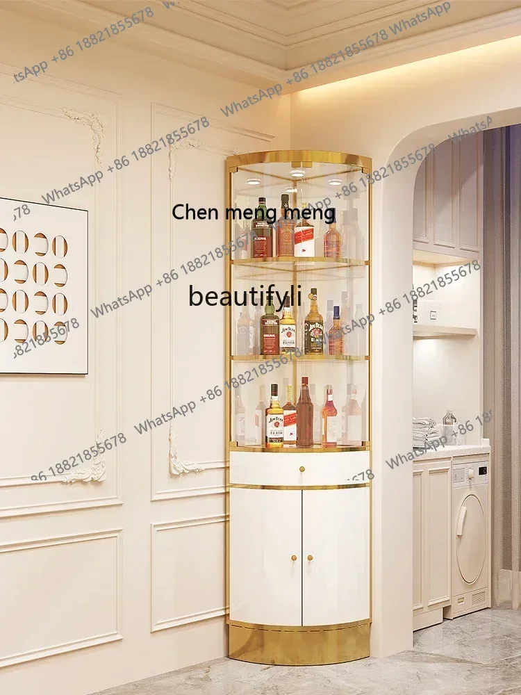 cn8350 ssNew Light Luxury Stainless Steel Triangle Glass Wine Cabinet with Drawer Turn Corner Living Room Fan-Shaped Wine Cabine