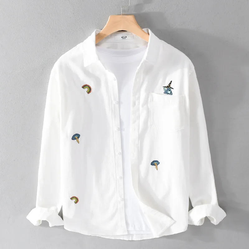 

Men's Long Sve Cotton irt Casual Embroidered Pure Cotton Spring Autumn Loose Fit irt Versatile Outerwear Spring 2023