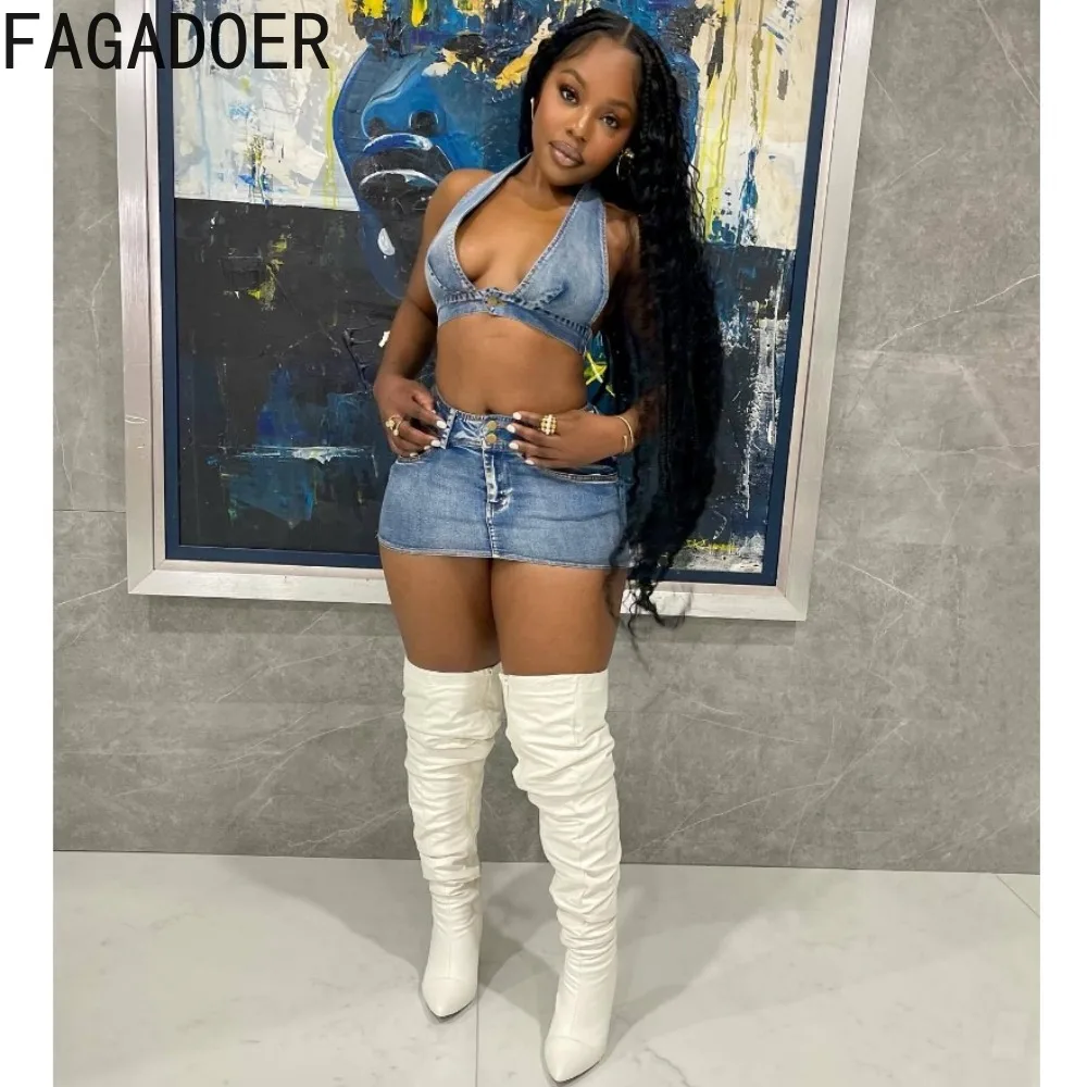 FAGADOER Light Blue Sexy Denim Backless Bodycon Two Piece Sets Women Deep V Sleevless Halter Crop Top+Skirts Outfits Streetwear