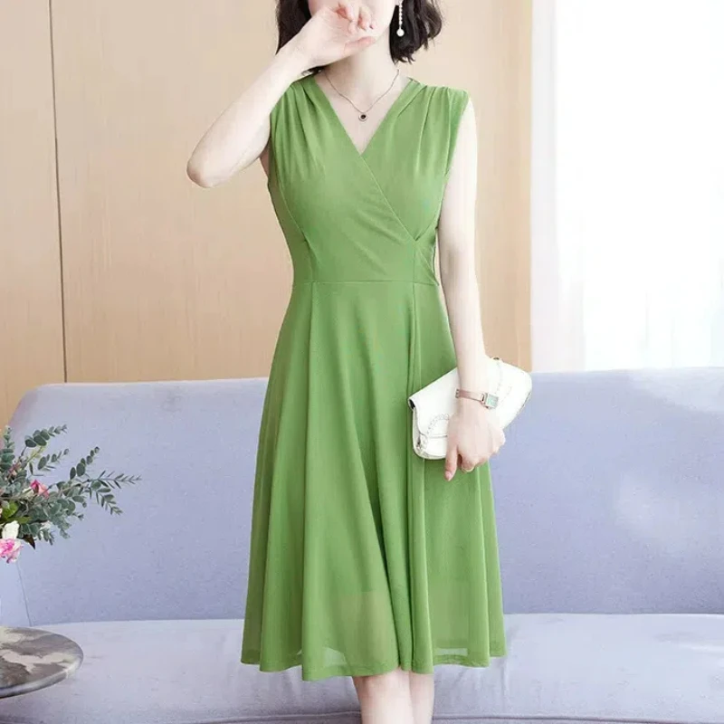 

Summer New Patchwork Gauze Fashion Temperament Sleeveless Dress Women Solid V-Neck Versatile Slim Office Lady Mid Length Dress