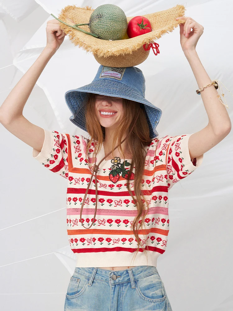 Sweet Style Short Sleeve Knitted Top Women's Summer Ice Silk Strawberry Embroidery Fashion Casual Sweetness Elf Sack Brand