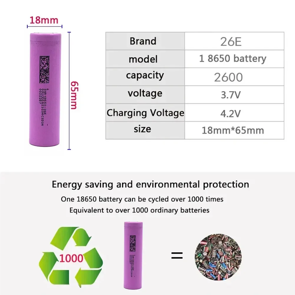 INR18650-26E 2600mAh Lithium-ion Rechargeable Battery 5C1000 Cycles 3.7V Electric Bicycle Screwdriver and Other   Batteries