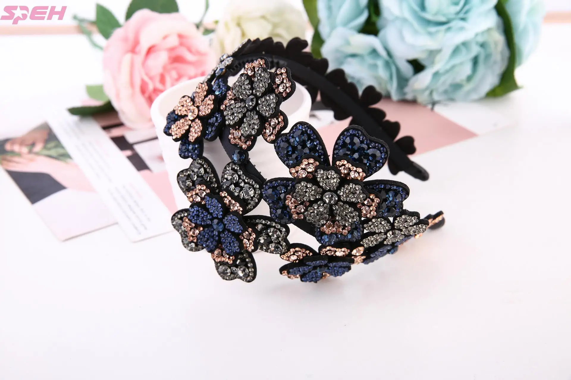 Women's floral stitching headband fashion Creative holiday gifts with crytal