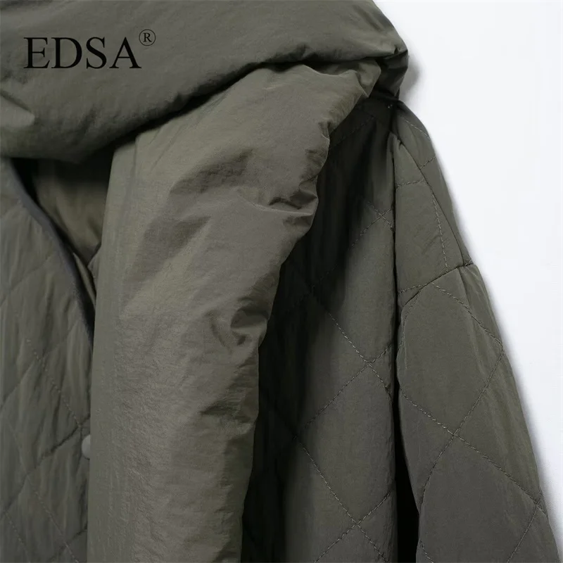 EDSA Women Padded Coat with Scarf Outerwears Retro Snow Parka Elegant Luxury Coat Warm Female Winter Outerwear