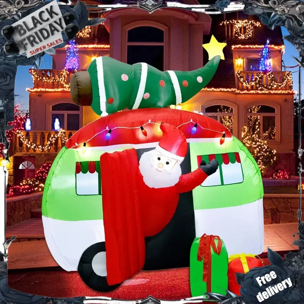 7 ft Christmas Inflatable Santa Claus Driving a Car with Christmas Tree and Gift Boxes, Blow Up Lighted Yard Decoration