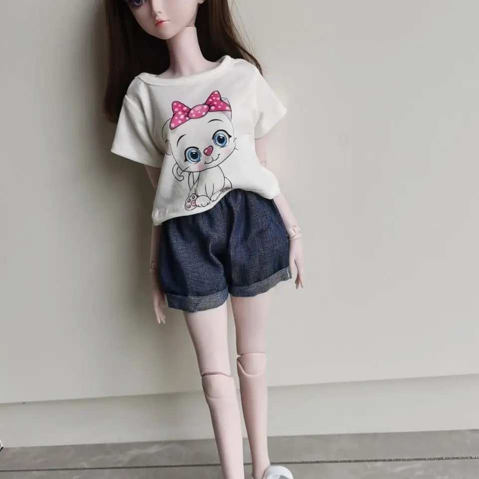 Mode Pop Accessoires 60Cm Poppenkleding Voor 1/3 Bjd Pop Kat Halve Mouwen Denim Short Kleding Top Diy Girl Verkleedspeelgoed