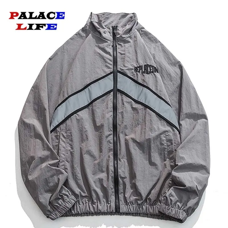 

Spring Jackets Men Korean Style Patchwork Thin Reflective Jacket Windbreaker Embroidery Loose Jackets Women Harajuku Outwear