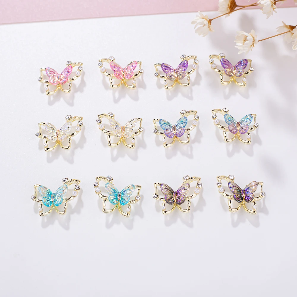 Abalorio de mariposa brillante para decoración de uñas, Gema de cristal hueco de aleación 3D, accesorios de estilo Kawaii, 5 piezas