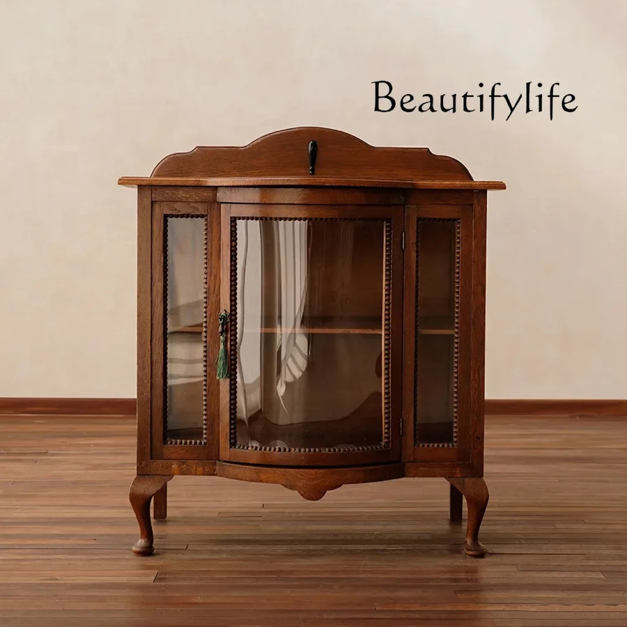 

French classical medieval style carved tea cabinet dining side cabinet European solid wood retro old carved glass display