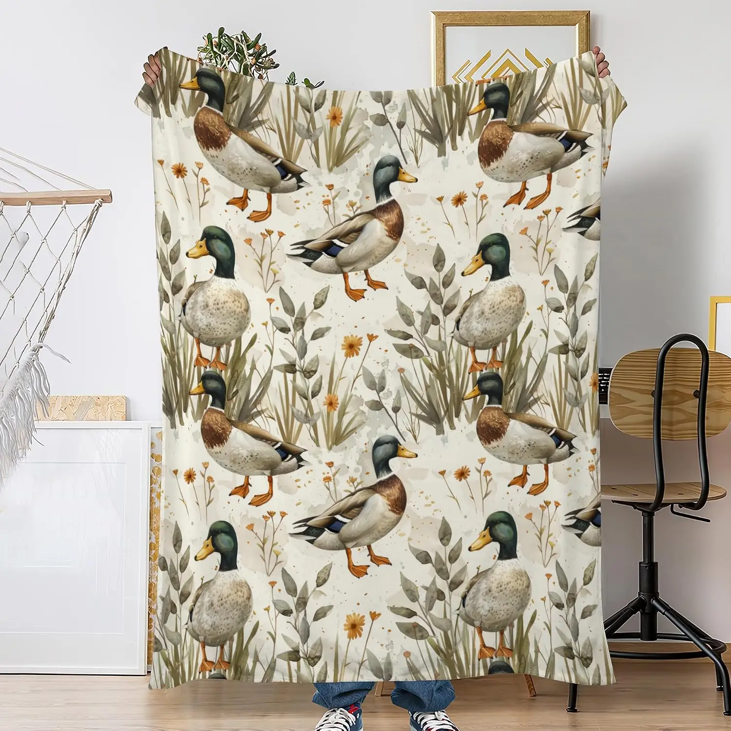 Nature Botanical Ducks Pattern Throw Blanket Cozy Home Decor Sofa Couch Seasonal Gift for Bedroom Living Room