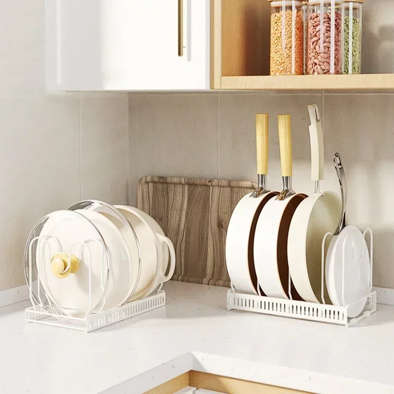 With 7/10 Adjustable Compartments Kitchen Cabinet Storage Rack Pot  Bowl and Plate Storage Rack Expandable Pans Storage