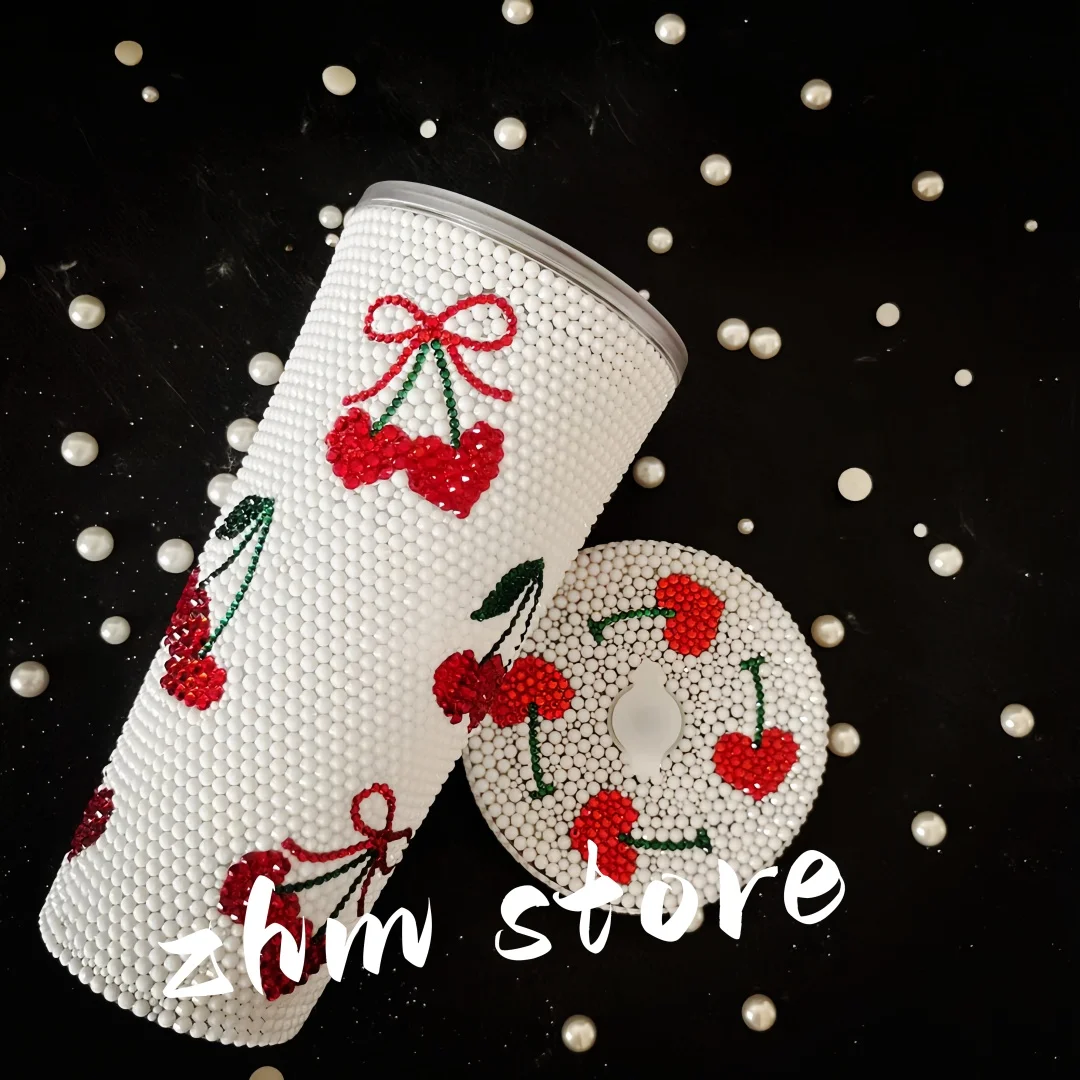 Customized 24oz Handmade DIY Bling White Rhinestone Red Cherry Cute Girls Water Tumbler with Straw Cold Cup