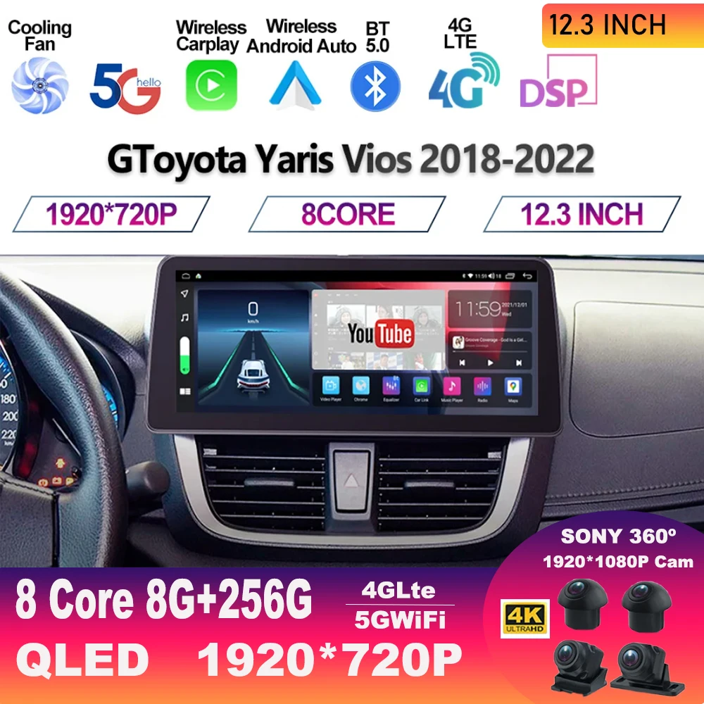 

12.3 Inch Android 13 Car Radio For Toyota Yaris Vios 2018 - 2022 2Din Stereo Multimedia Player GPS Navigation Carplay Auto WIFI