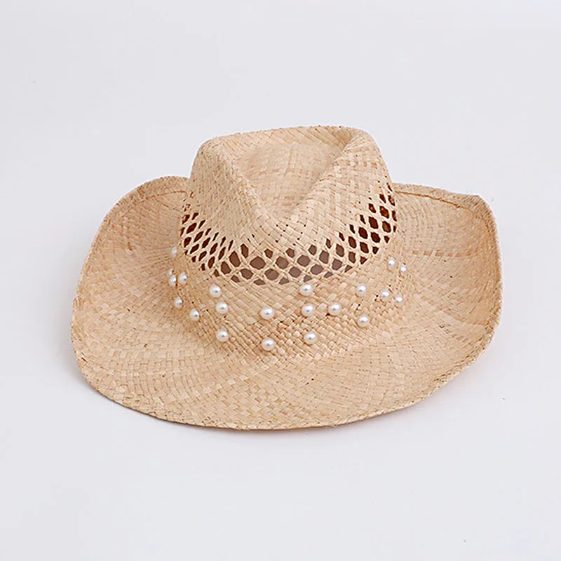 Raffia woven hollow Pearls straw hat beaded edge Panama sun hat  western cowboy beach hat for women